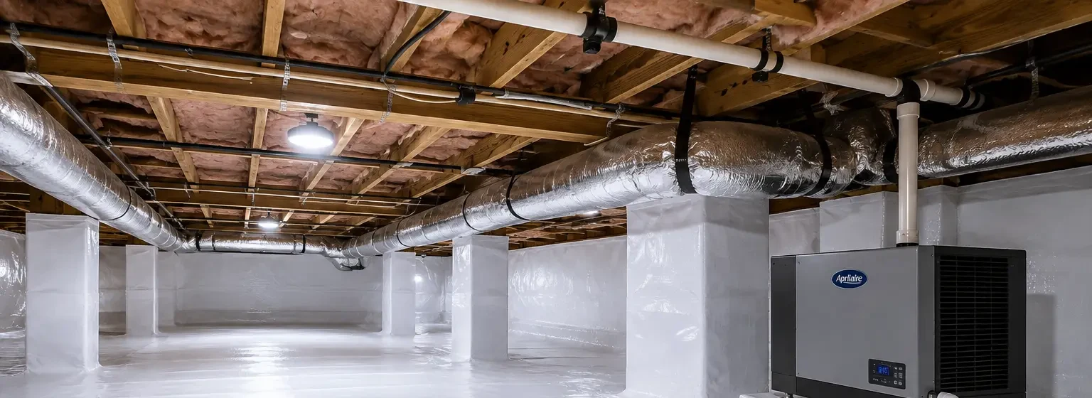 Professionally encapsulated crawl space with sealed white vapor barrier and installed dehumidifier